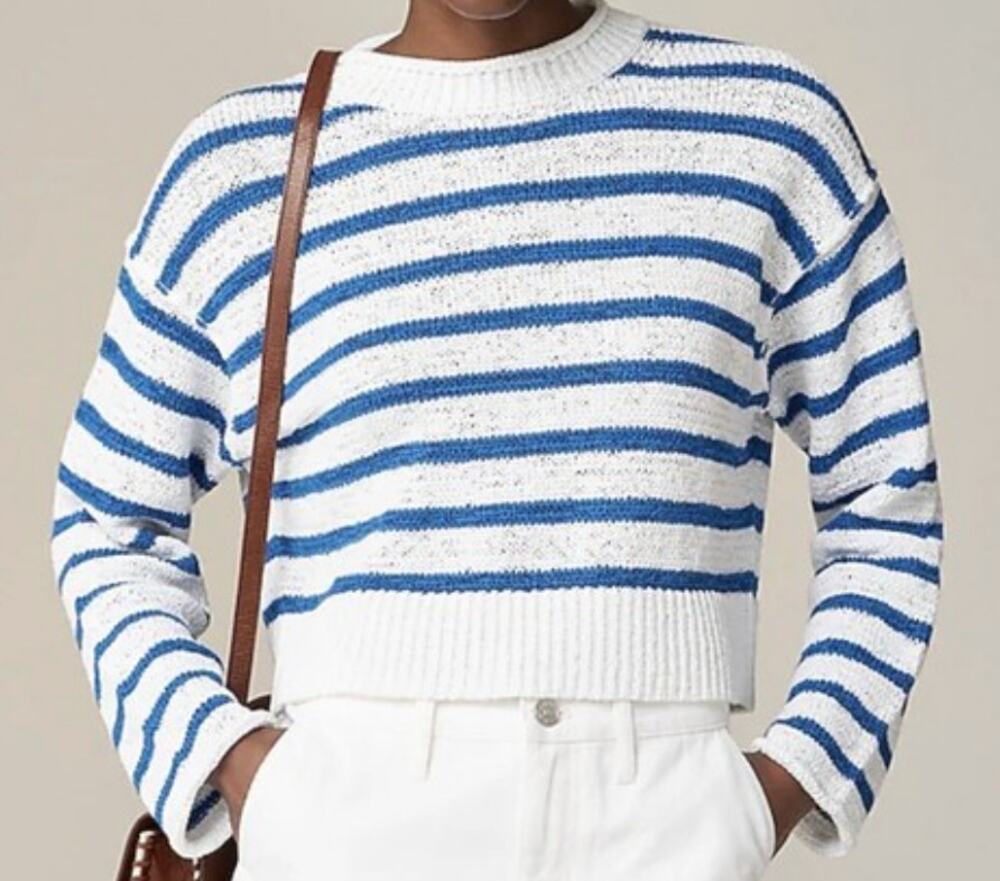 J.CREW textured Tie Back Rollneck Sweater Striped White Bright Azurite XS
